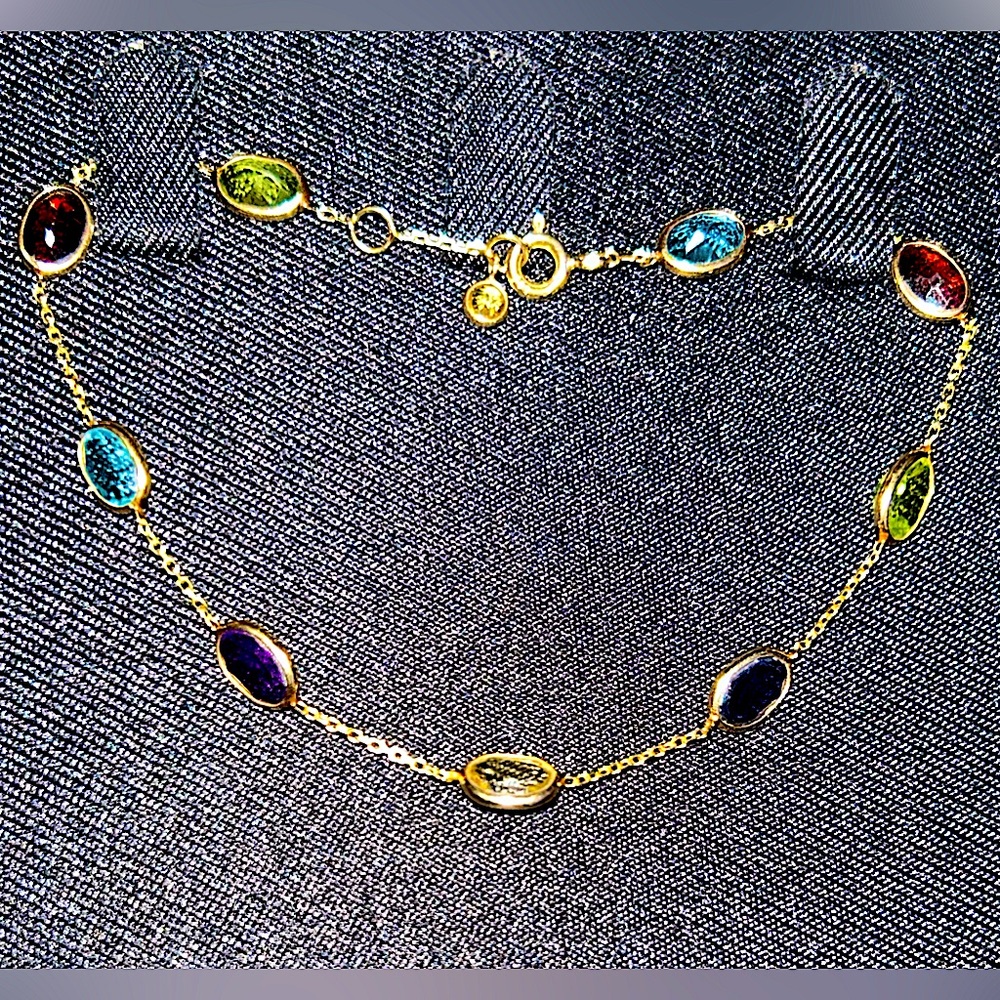 14K Gold Chain Bracelet with Colorful Multi Gemstones - Picture 10 of 12